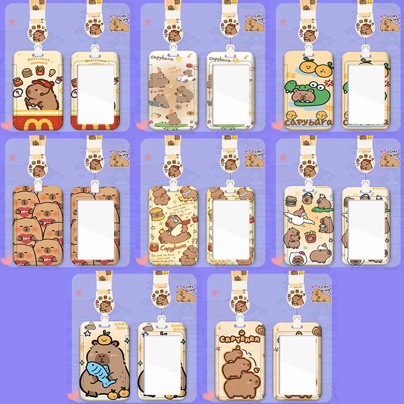 Capybara Cartoon Card Holder With Easy Pull Clip Retractable Neck Lanyard Student Card Work Card Traffic Card Holder