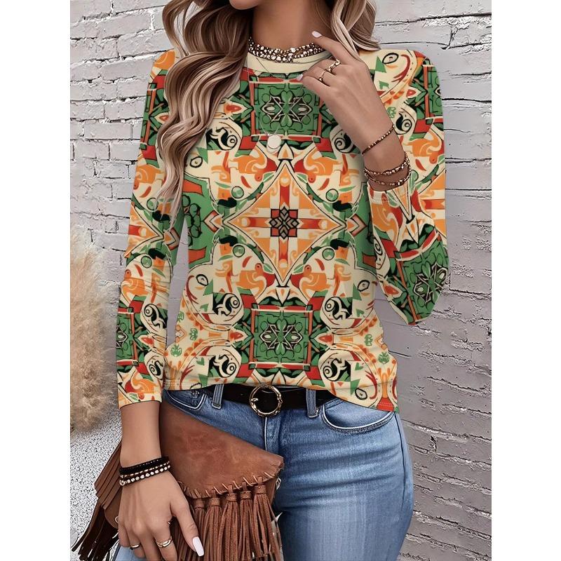 Autumn and Winter Women's Floral 3D Print Crew Neck Long-sleeve T-shirt with Ethnic Style