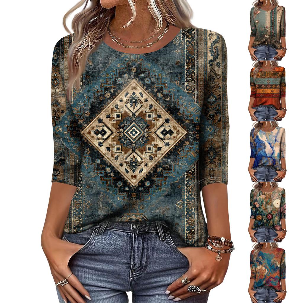 Trendy Vintage 3/4 Sleeve Top For Women ,Ladies Casual Three Quarter Sleeve Round Collar Printed T-Shirt Blouse