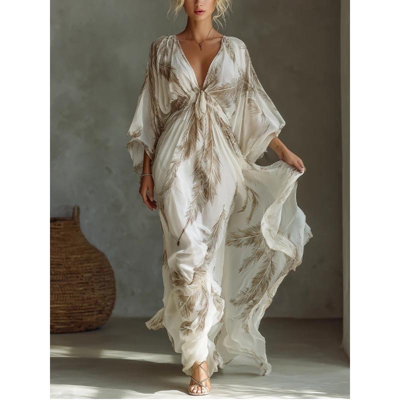 BFCCQB Women's Fashion 3/4 Sleeves V-Neck Summer Spring Solid Color Print Casual Dresses