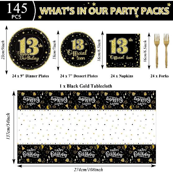 145 Pcs 13th Birthday Party Supplies Set for 24 Guests Official Teenager 13th Party Decorations Kit Plates Backdrop Tablecloth Balloons Banner for
