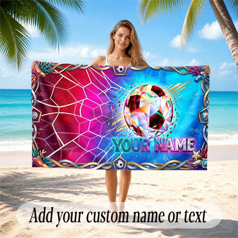 Soccer Theme Beach Towel Personalized Custom Name & Text Soft Quick Dry Beach Towel for Swimming Travel