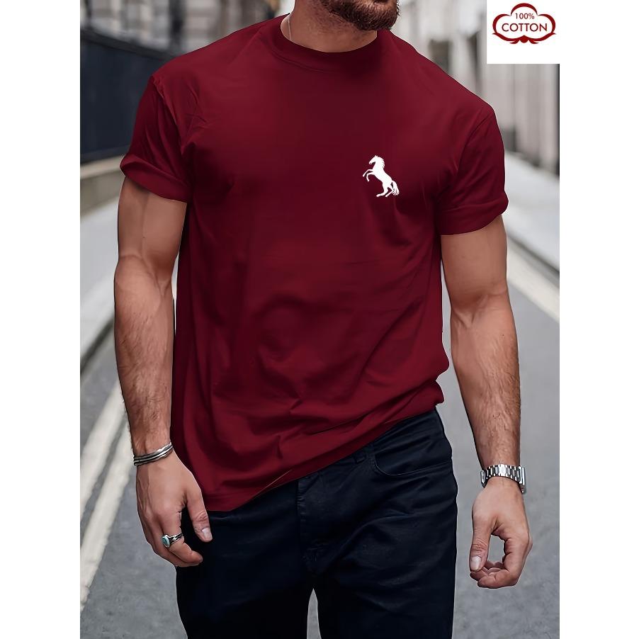 T-shirt Top Short Sleeved 100% Cotton "horse" Print, Summer All Season Men's Comfortable High-quality Casual Sports Luxury