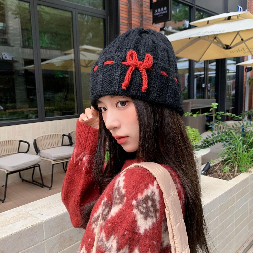 Winter 2025 Bow White Knitted Wool Cap Women's Plush Warm Big Head Circumference Baotou Hat Ear Protector Hat