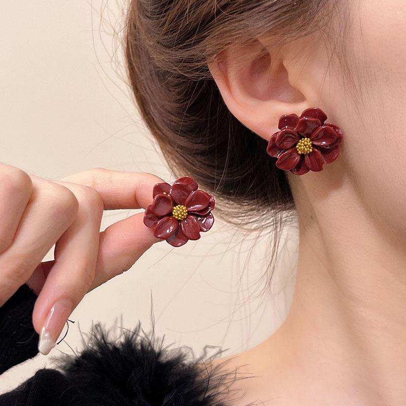 Minimalistische weinrote quadratische Ohrstecker für Damen Goldfarbener Kreis Vintage Geometrie Herz Ohrringe 2025 Neues Design Schmuck