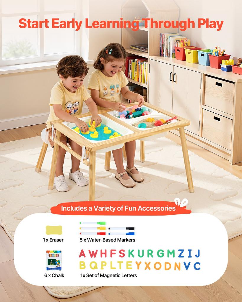 VEVOR Sensory Table for Toddlers, Wooden Kids Activity Table with 2 Stools, Double-Sided Board, Storage Bins, and Non-Slip Feet