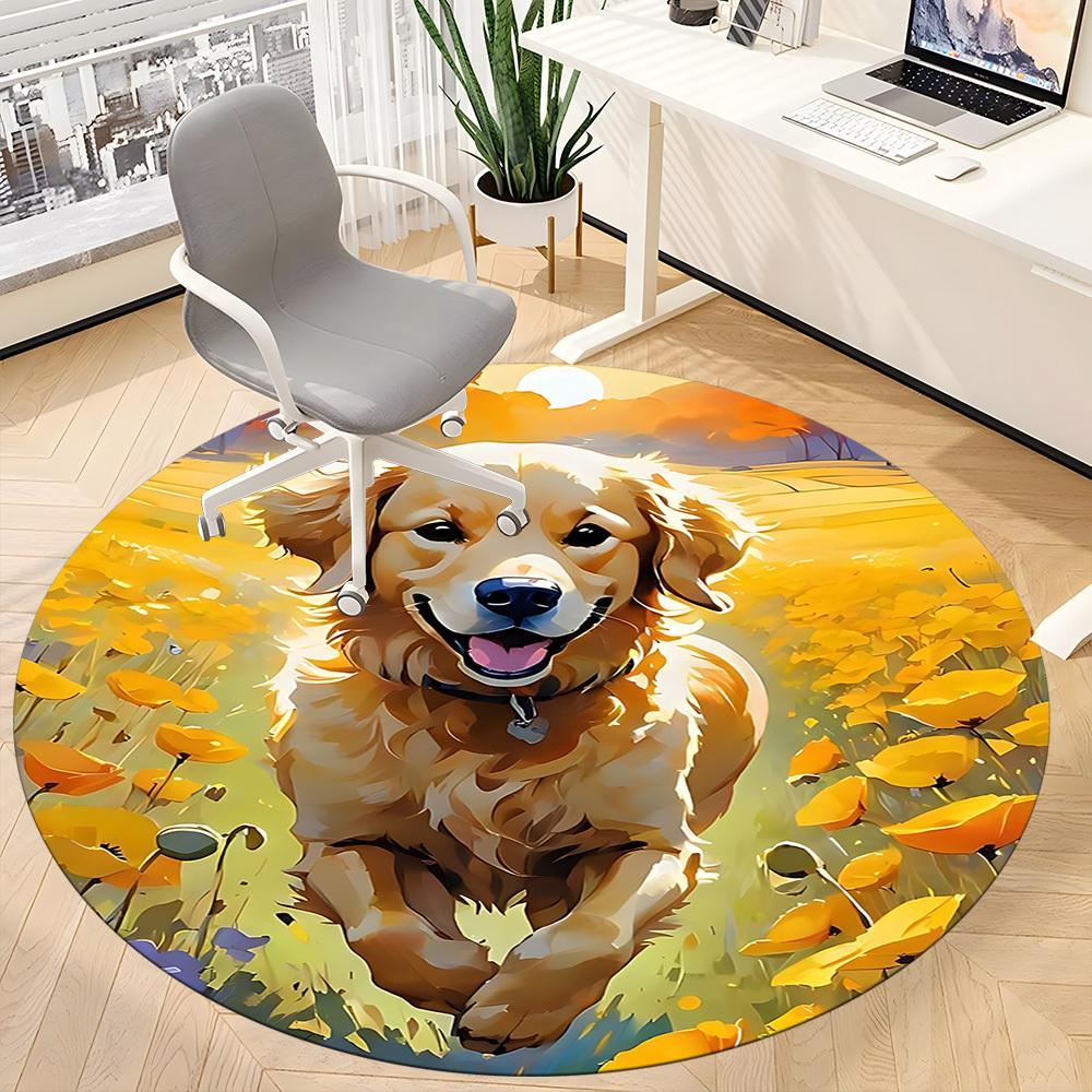 1pc Dog Golden Retriever Flowers Office Round Area Rug, Mat Suitable ForOffice, Under Office Chairs Bedroom Living Room Home Decor, Room Deco