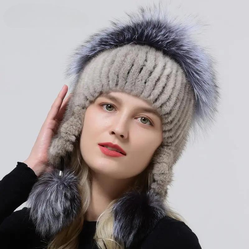Genuine Mink Fur Hat For Women Winter Hats Wholesale 100% Real Fur Hat Women Winter Knitted Fluffy Outdoor Knitted Earflap Hat