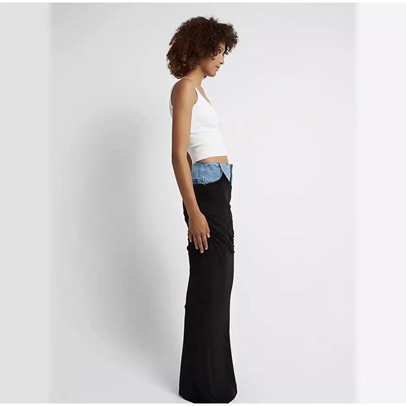 Modern Deconstruction High-waisted Denim Skirt Women's Two-piece Illusion Black Ruffled Splicing Design Sensibility Long Skirt