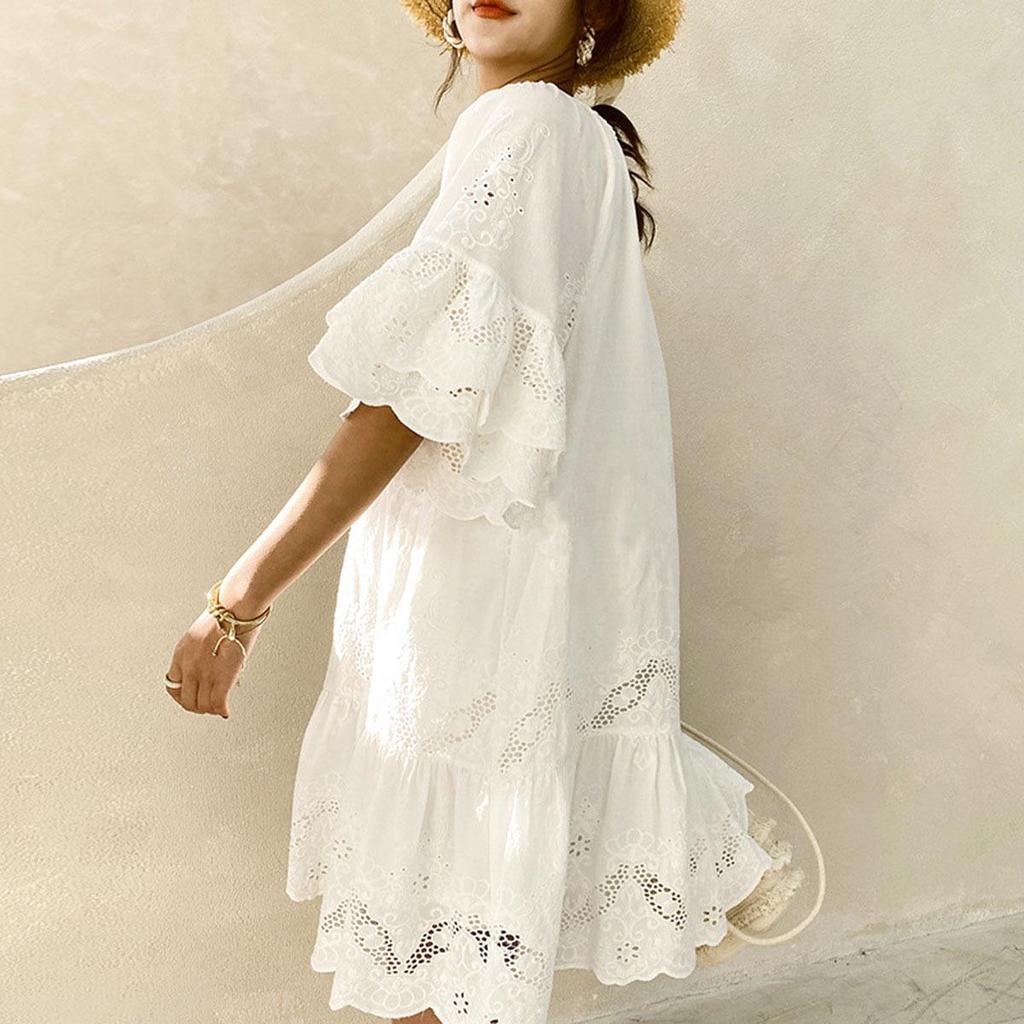 2025 Summer European-American White Lace Cotton Short Sleeve Commuter Dress