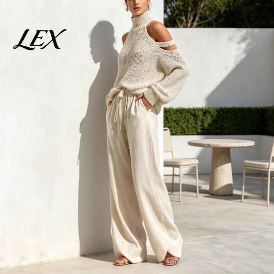 Cold Shoulder Knit Sweater Autumn Women Pants Set, & Wide Leg Breathable Spring Casual Wear Pants, Solid Color Long Sleeves Top Trousers Two
