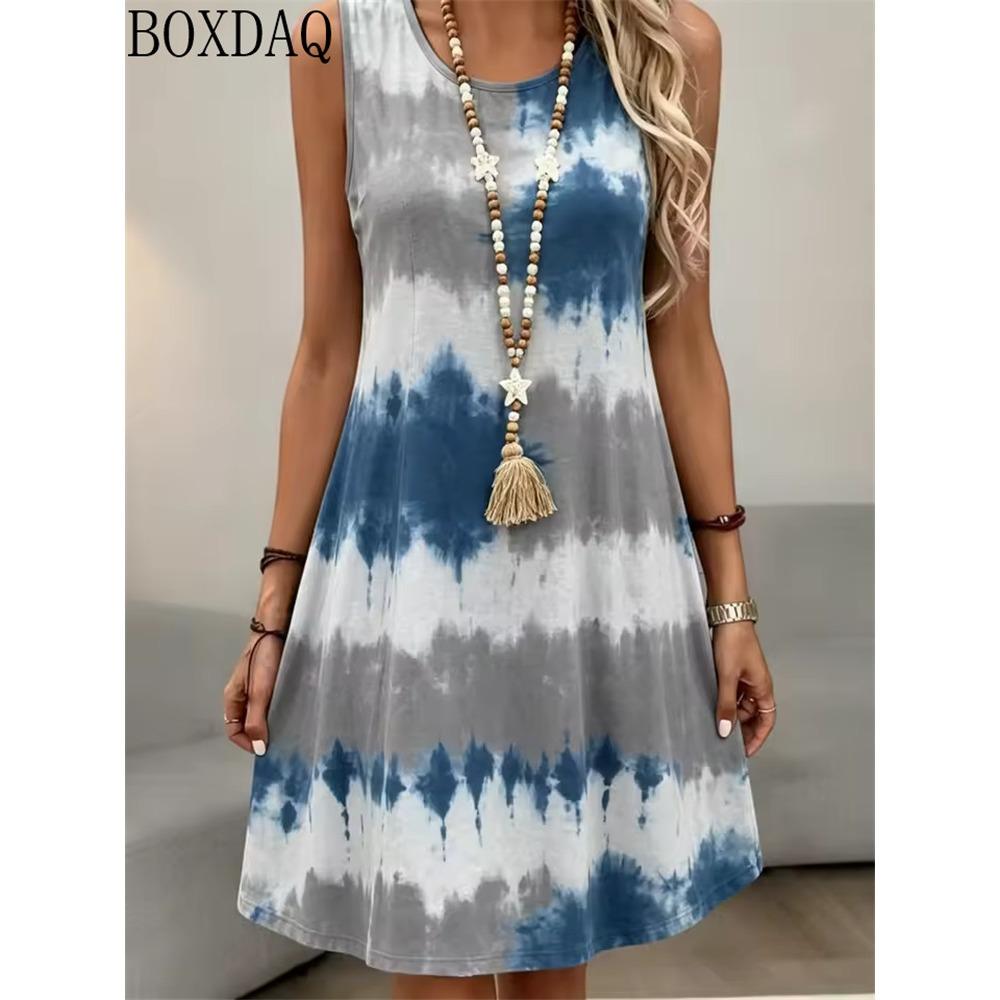 Summer Women's Tie Dye Striped Printed Round Neck Sleeveless Dress Elegant and Loose Women's Clothing New Style