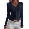 Women's Fashionable Casual V-neck Lace-Trimmed Striped Cardigan T-shirt Long-Sleeved Top