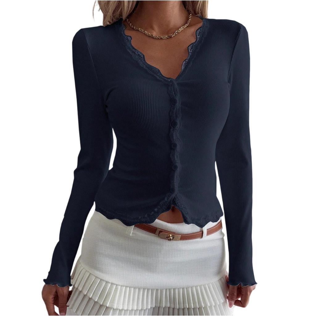 Women's Fashionable Casual V-neck Lace-Trimmed Striped Cardigan T-shirt Long-Sleeved Top