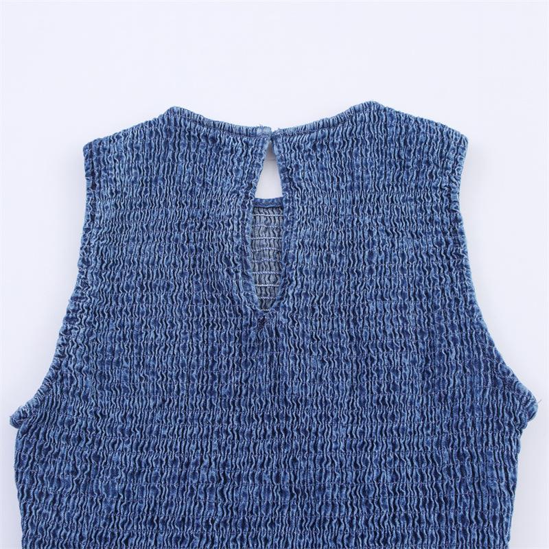 Women's Round Neck Sleeveless Mini Dress Slim Fit Mid Waist Shirred Denim Sundress