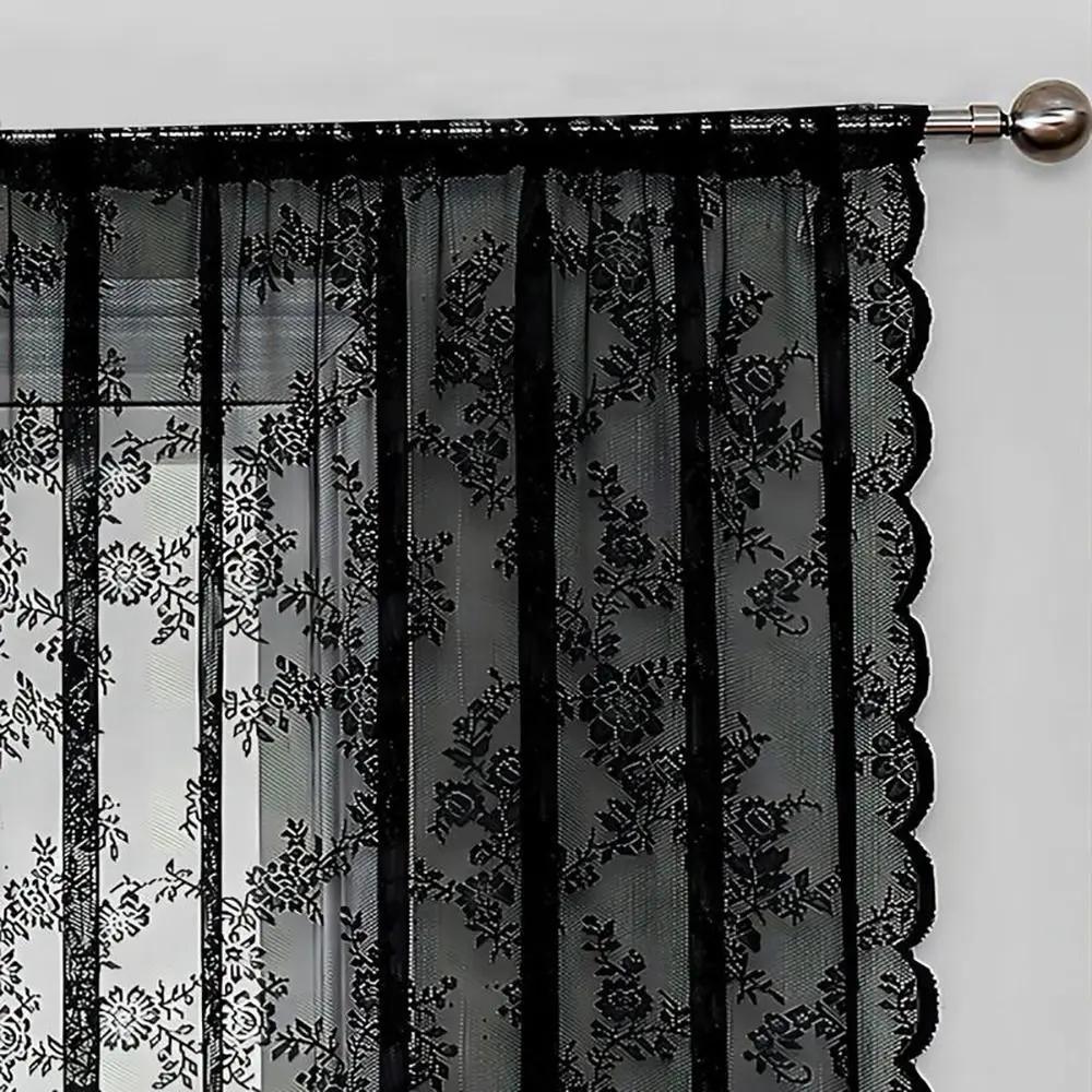 1Pcs Floral Embroidered Lace Curtain 100x200cm Rod Pocket Sheer Curtain Polyester Black Window Drape Shades