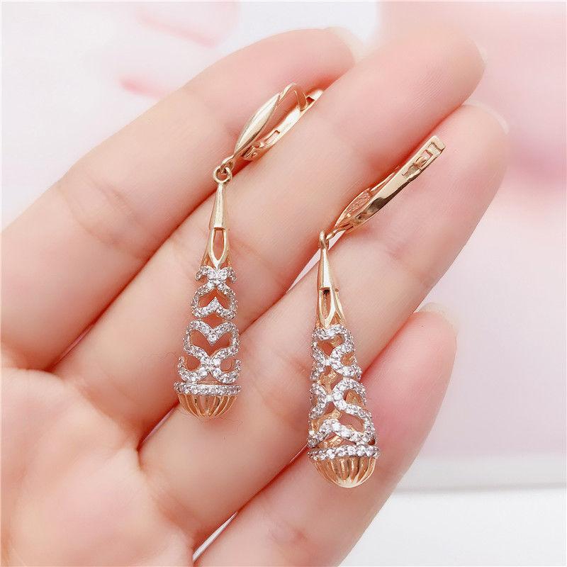 Exquisite Russian Purple Gold Water Drop Earrings, Classic Retro Rose Gold Plated Hollow Long Earrings Jewelry For Women