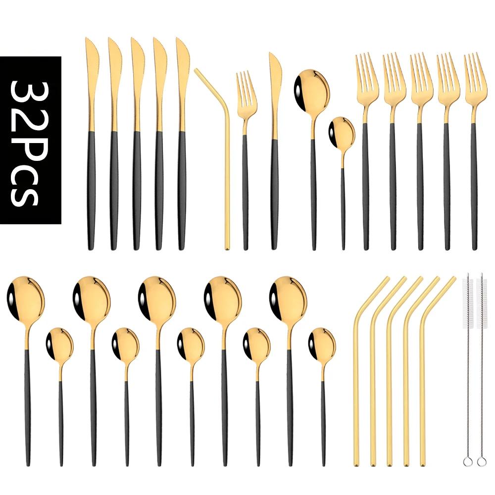 32Pcs Red Gold Dinnerware Stainless Steel Cutlery Set Knife Fork Tea Spoon Drink Straw Flatware Set Kitchen Flatware Tableware