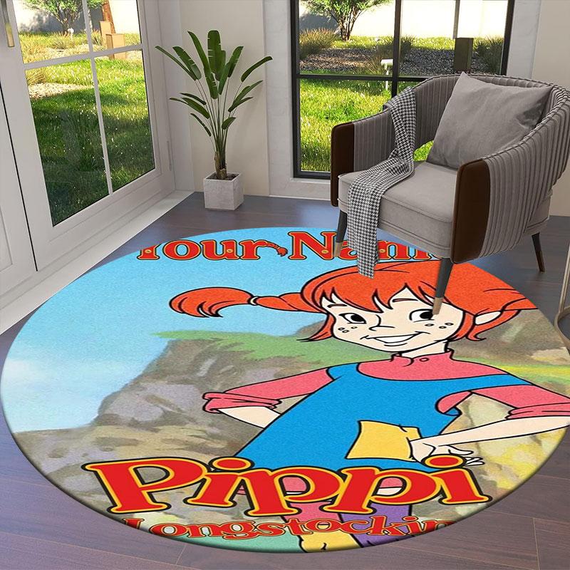 Pippi Longstocking Custom Name Round Area Rug,Carpet Rug for Living Room Bedroom Sofa Playroom Decor,Non-slip Floor Mat