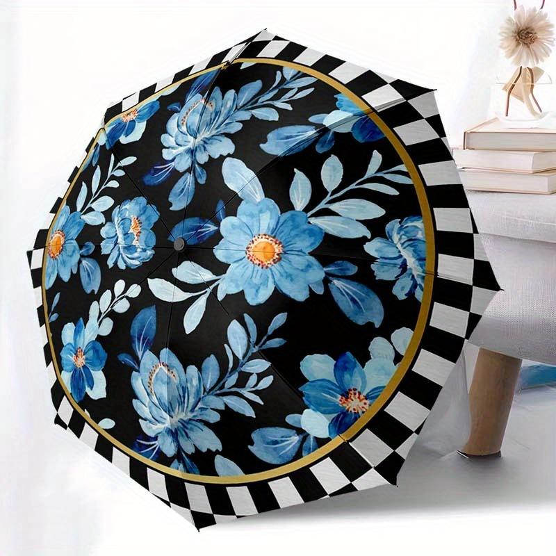 

1pc Automatic Folding Umbrella with Blue Floral & Check Print - Black Background, 8-Rib Lightweight & Sturdy Frame, Automatic Iron&8K