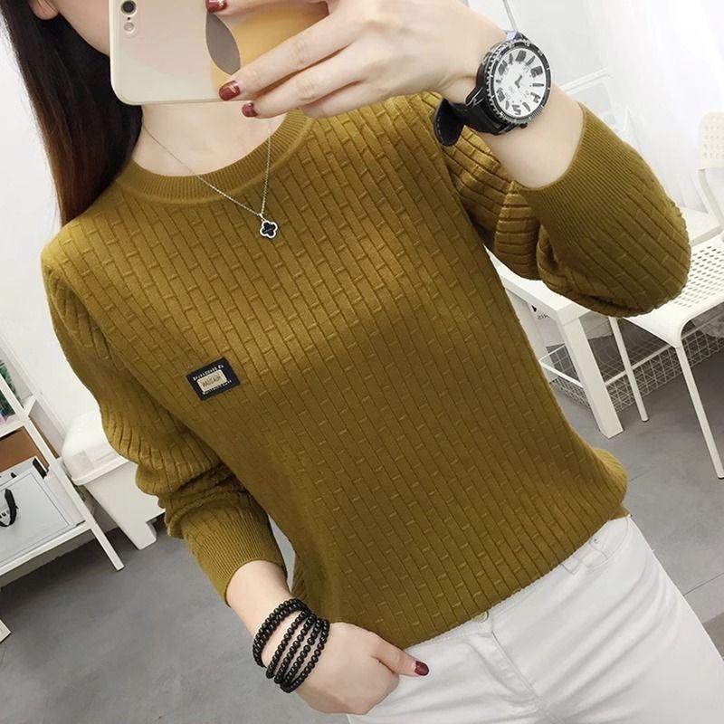 

Круглый вырез Вязаный базовый свитер Женский свитер с длинными рукавами Универсальный свободный теплый топ XL армия зеленый