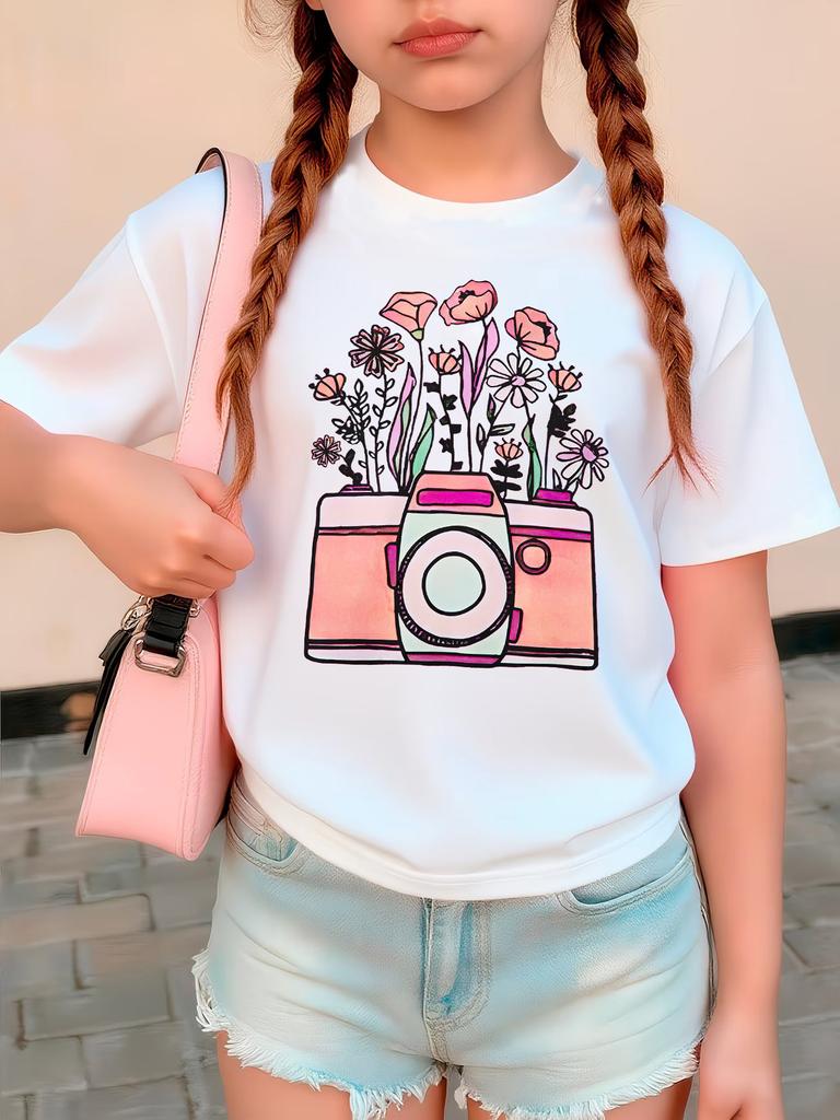 Summer Spring Vintage Camera with Flowers T Shirts Funny Retro Kids Children's T-shirt Boys Girls Casual Top Tee