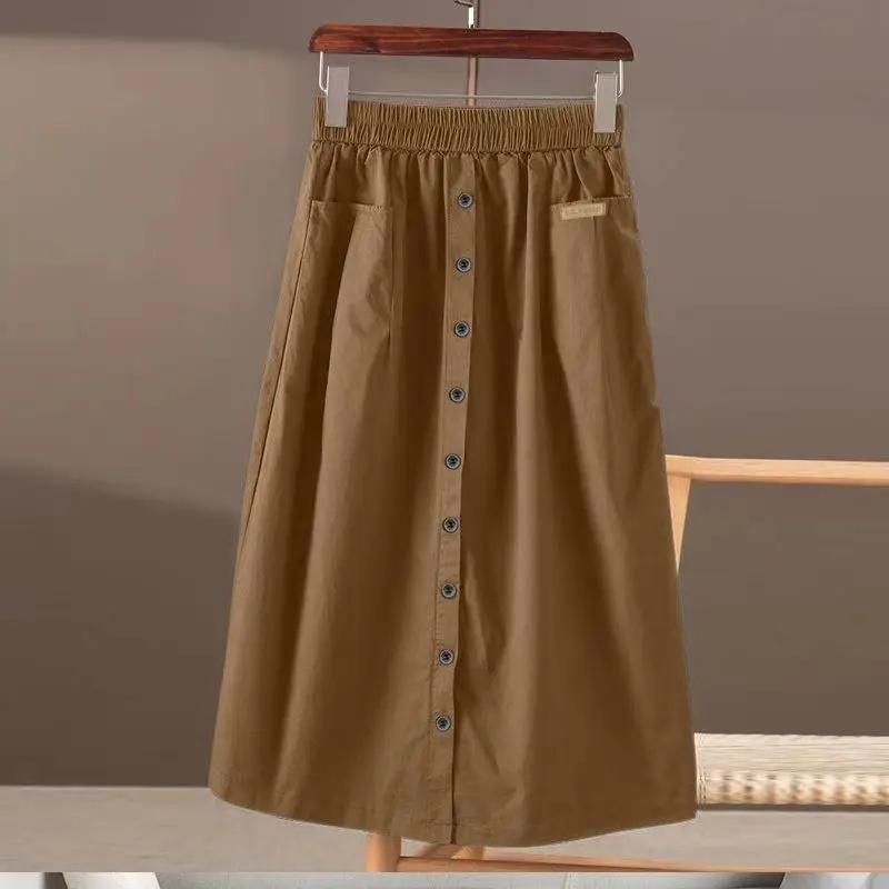 Summer High Waist Midi A-Line Skirt With Belt  Elastic Waist Pocket Design Slimming Pure Color Split Half Body Skirts for Women