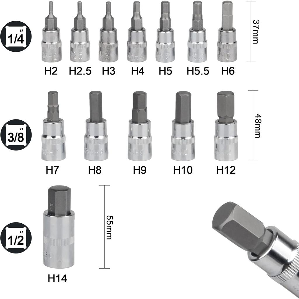 Hex Bit Socket Set Premium S2 Alloy Steel, 13-Piece Metric 2-14mm Allen Socket Kit