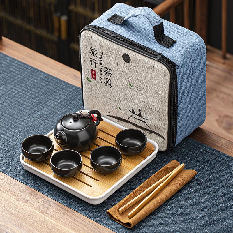 Travel bag, ceramic kung fu tea set, one pot, four cups, melamine tea tray, a complete set of portable business gifts, meeting