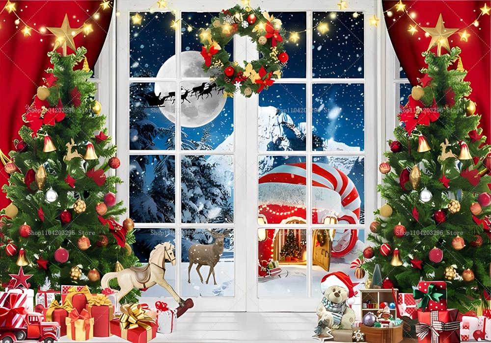 Finestra Invernale Sfondo Natale Camino Albero di Natale Regali Orsacchiotto Decorazioni Festa Navidad Sfondo Fotografia Ritratti Bambini