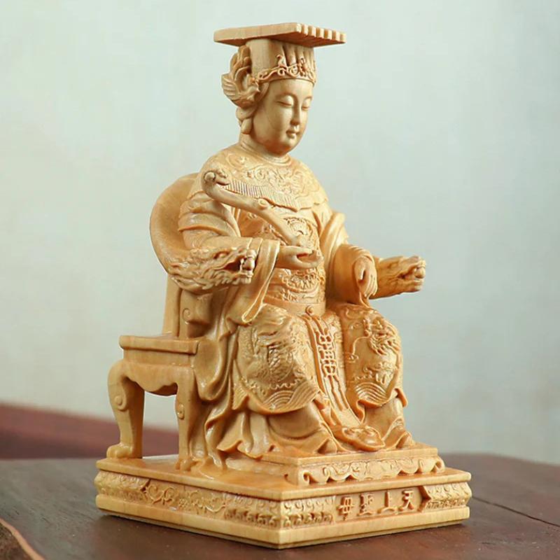 Natural Boxwood Chinese Goddess Mazu Statue Traditional Culture Mazu  Wooden Carvings Sea Goddess Home Room Decoration Figurines