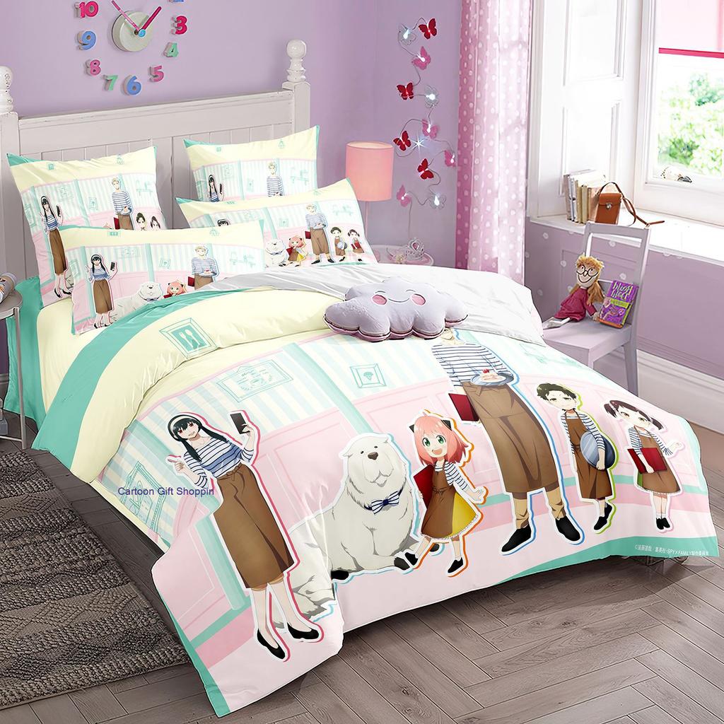 Anime Spy X Family Bedding Set Kawaii Loid Forger Anya Duvet Cover with Pillowcases Girls Boy Kid Set Quilt Cover Set