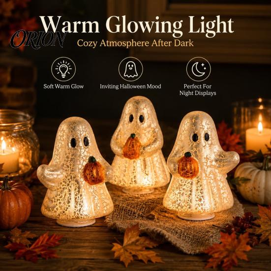 Cute Ghost Ornaments Light-Up Resin Figurine, Glowing Desktop Ornament, Warm Spooky Home Accents Light Halloween Statue for Bedroom Shelf Tabletop