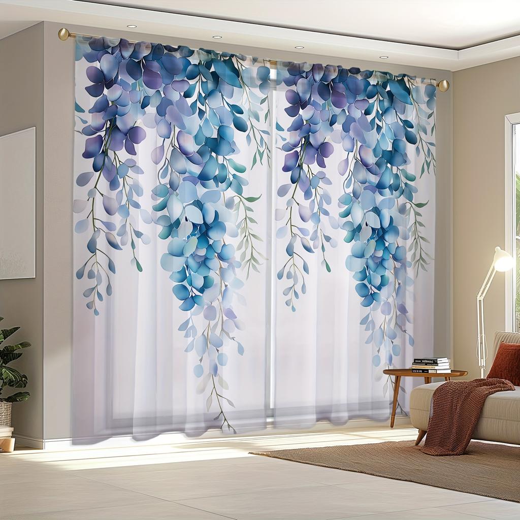 Set Of 2 All Season Wisteria Blue Vine Curtains Polyester Living Room Dining Bedroom Windows Doors Curtain Light Filtering For Sitting Made With Rod