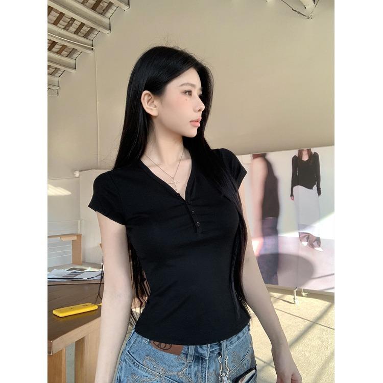 Women's V Neck Short Sleeve T Shirt Slim Fit Vintage Half Button Solid Color Y2K Casual Daily Base Blouse