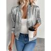 Women's Stand Collar Long Sleeve Metallic Zip-Up Bomber Jacket Regular Fit Casual Outerwear
