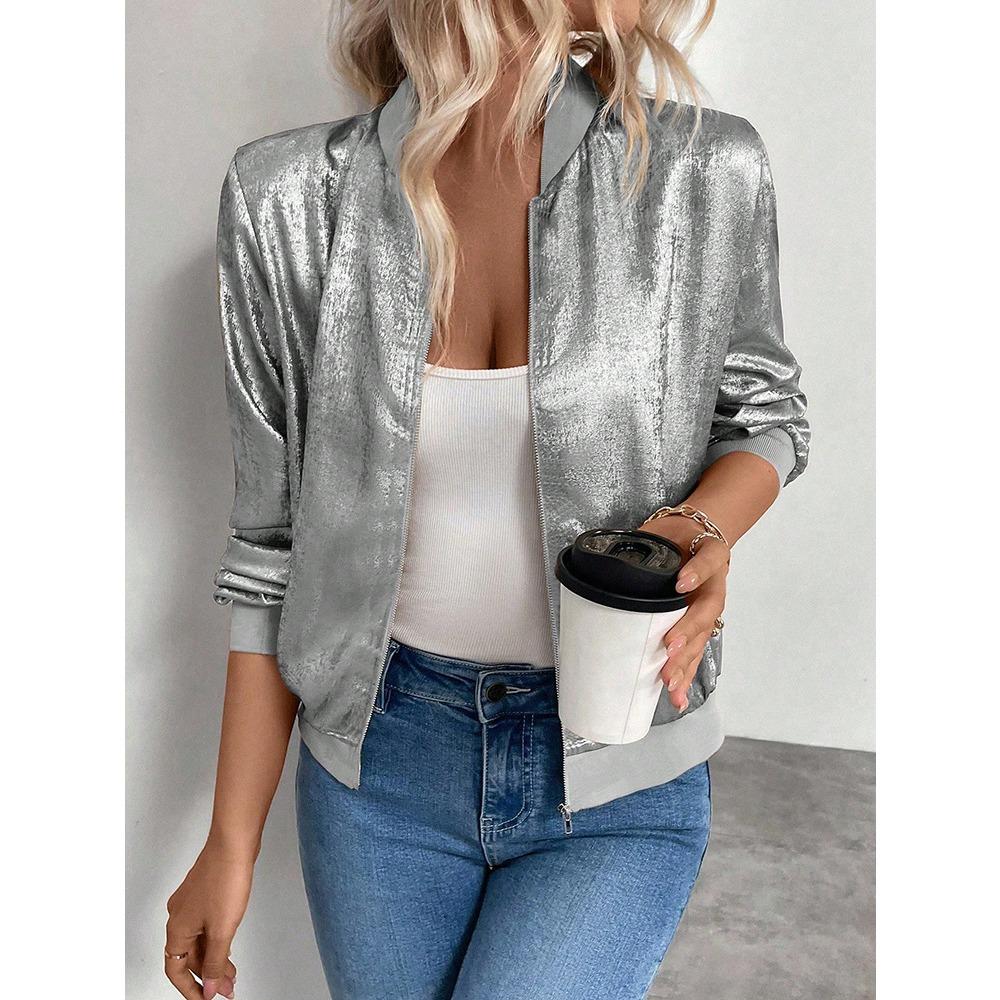 Women's Stand Collar Long Sleeve Metallic Zip-Up Bomber Jacket Regular Fit Casual Outerwear