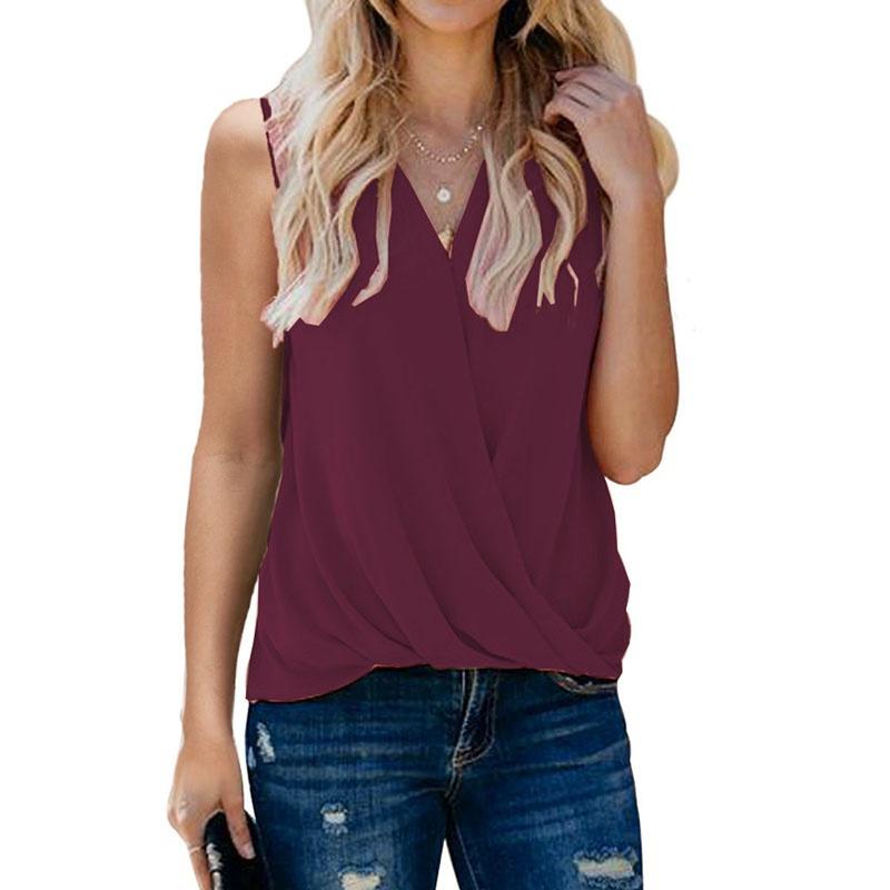 Fashion Clothes Women's Casual Summer Tops Sleeveless Shirts Beach Wear Camisole Vest Solid Color Pleated Shirts Ladies Deep V-neck Club Tops