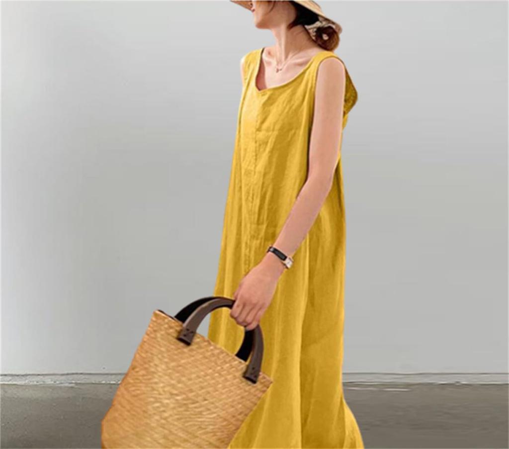 Summer Sleeveless Beautiful Long Maxi Mori Girl Loose Plus Simple Yellow [kisetsumate] Women's Cotton-Linen Dress, Dress, Linen-Style, Style, Fit,