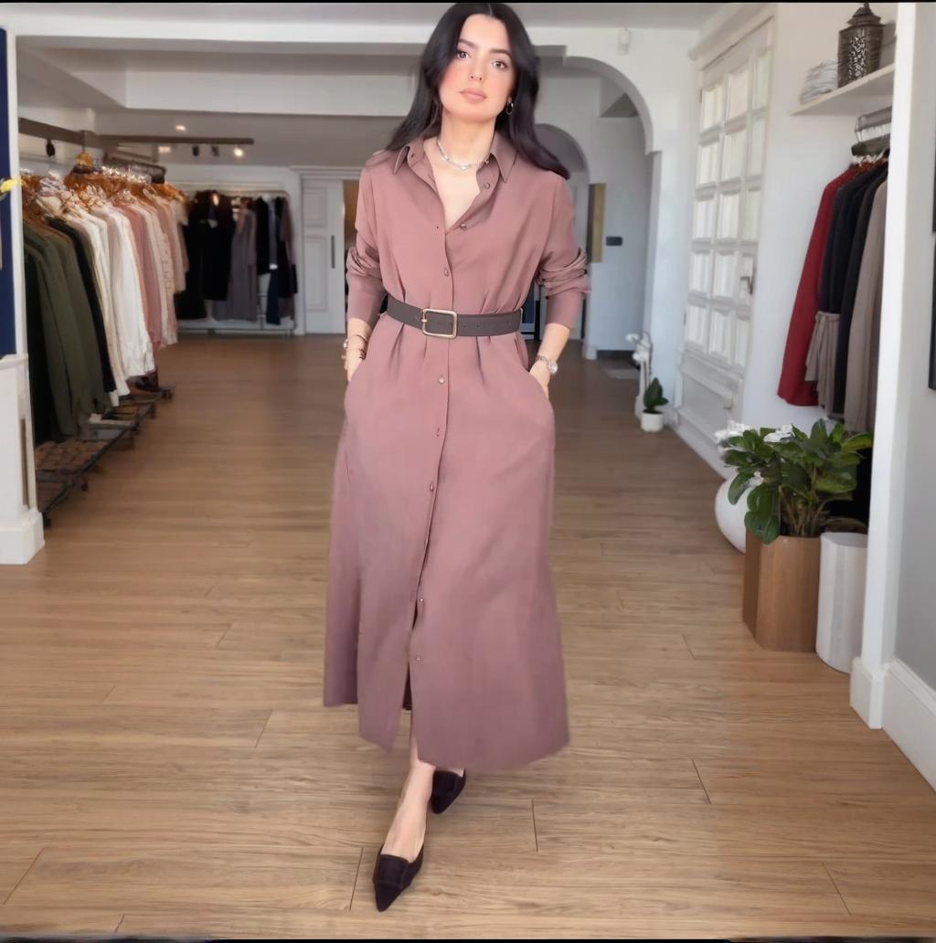 

2025 Summer V-neck Button Solid Color Slim-Fit Women s Commuting Dress L розовый