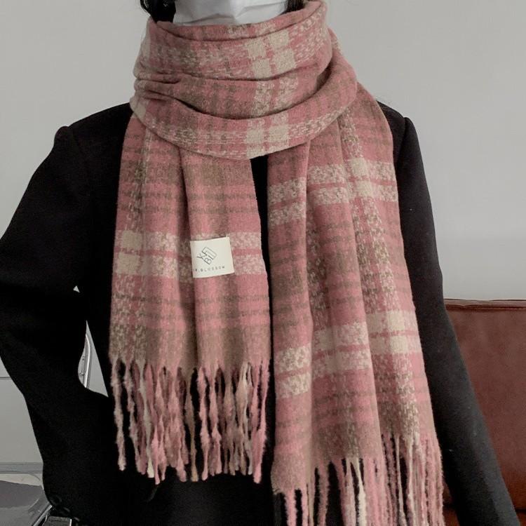 Pink retro plaid imitation cashmere scarf women's winter new high-end warm thickened scarf versatile and trendy