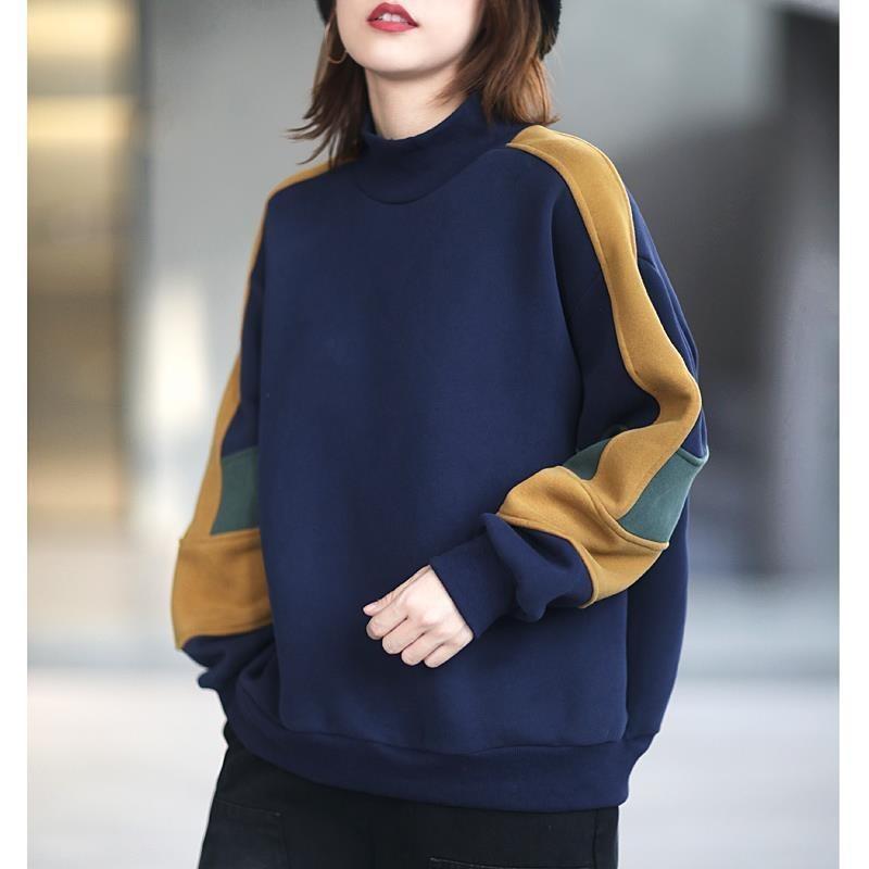 Autumn Winter High Collar Loose Casual Patchwork Velvet Sweatshirt Women Simple Fashion All-match Pullover Top