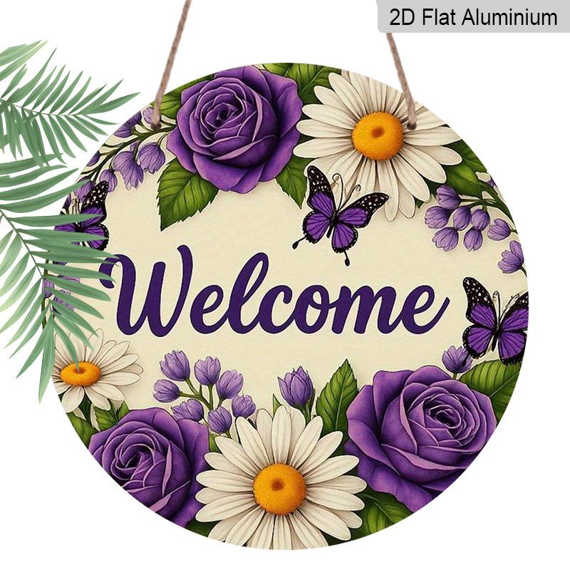 2D Flat 1pc, 8x8 In Printed Artwork, Welcome Wreath Butterfly Round Aluminum Metal Sign, Wall Home Room Farmhouse Home Street, Shop, Garage, Farm