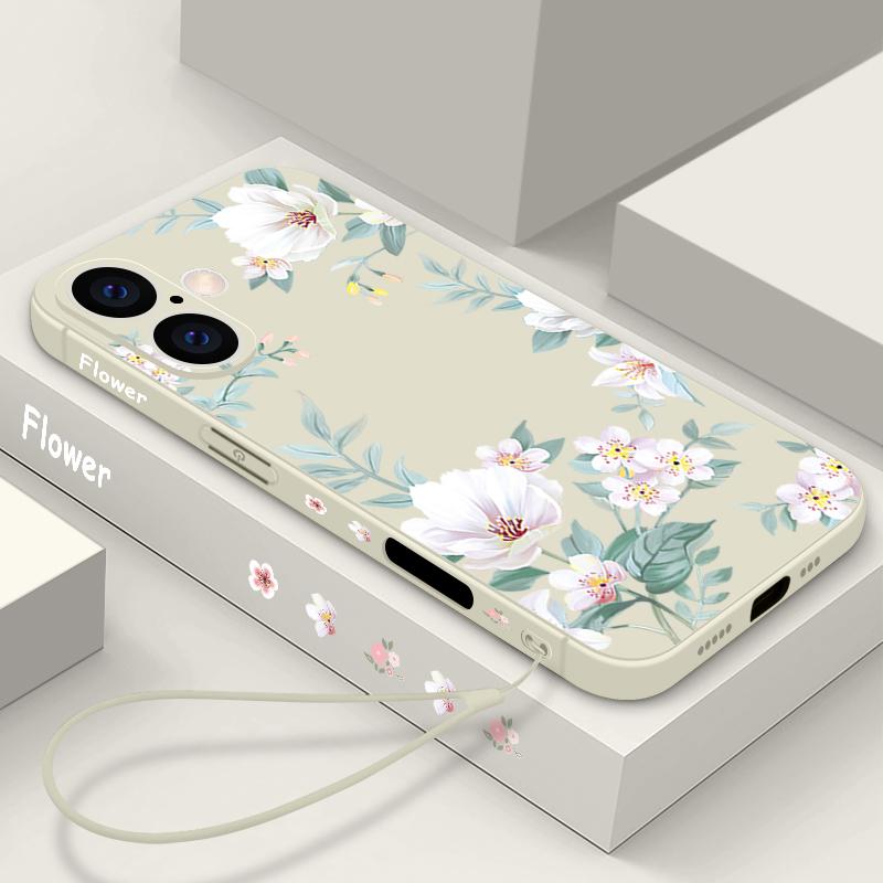 Plain Floral Pattern Shockproof Soft Case For iPhone 16 Pro Max 15 14 Pro 13 12 Mini 11 XS XR 8 7 Lanyard TPU Lens Protection Slim Matte Phone Cover