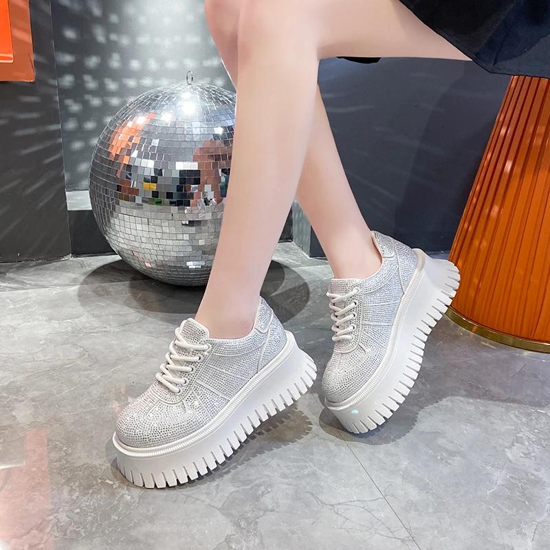 Women's Shoes Platform Sole Casual Lace-up Rhinestones 7cm Heel High Shoes Women Leisure Dress Fashion Shine Zapatillas De Mujer