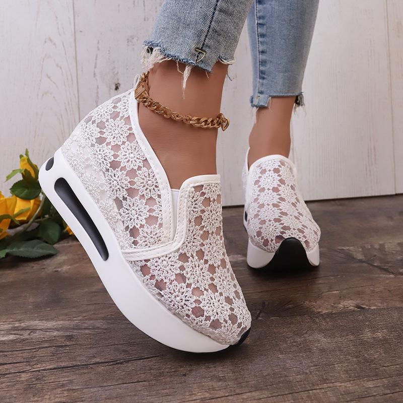 Spring 2026 Korean Style Women's Platform Slip-on High Heel Shoes with Lace Mesh Upper and Inner Height Increase