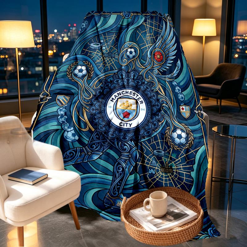 Koc z nadrukiem Manchester City FC - Miękki i wygodny, do sypialni, na podróż, na sofę, dekoracja domu - Prezent urodzinowy, świąteczny dla przyjaciela