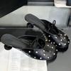 Luxury Rhinestone Bow High Heel Shoes for Woman Round Toe Thin Heel Designer Slide Sandals Fashion Shallow Comfort Women Sandals
