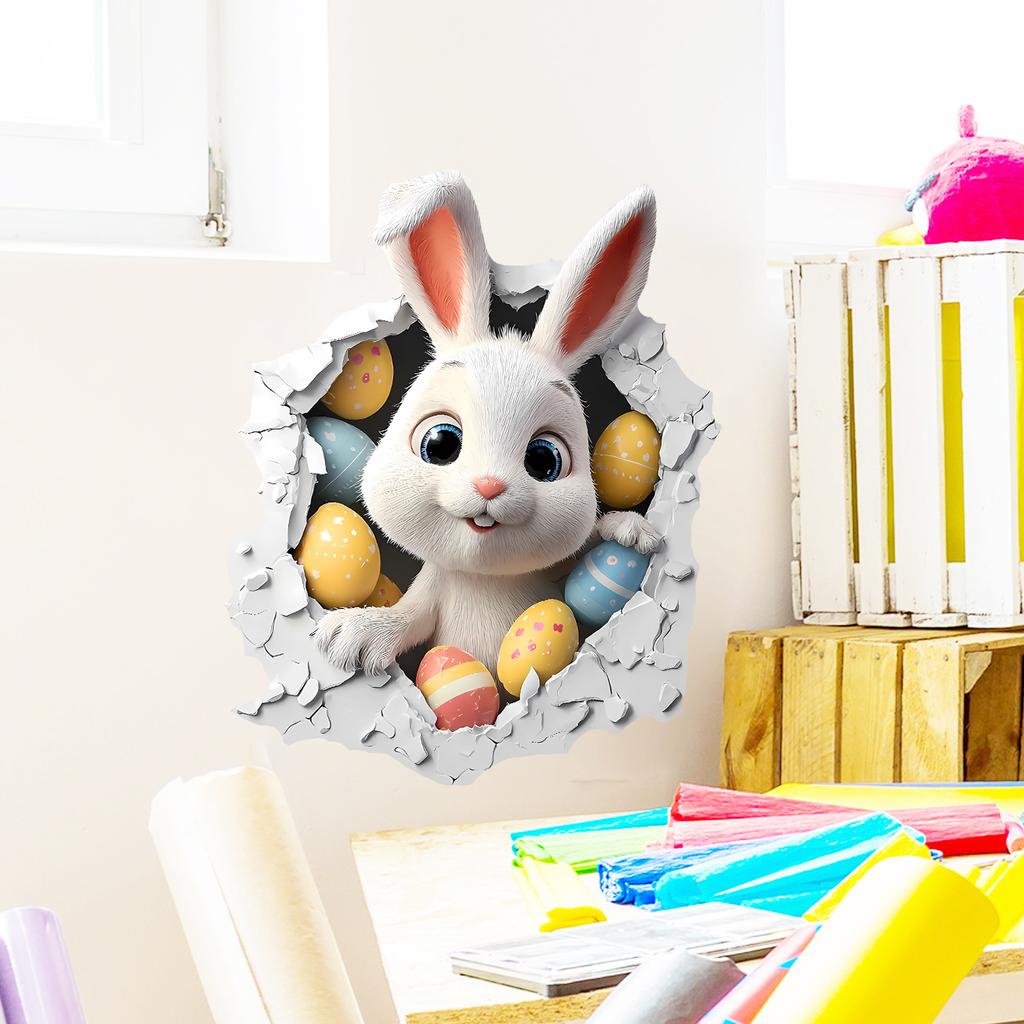3D Breaking Wall Bunny with Flowers Wall Sticker Self-Adhesive Removable for Kids Room Home Decor