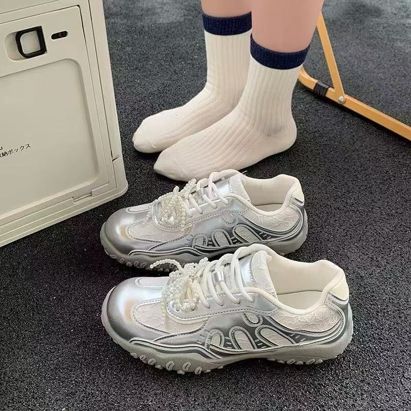 

Dopamine thick bottom new crescent pearl lace heightening casual non-slip sports ultra-light fashion 40 серебряный